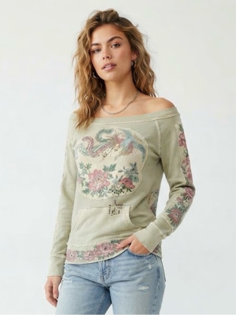 Scrapbook Originals Vintage Y2K Phoenix Floral Raw Edge Off-Shoulder Sweatshirt